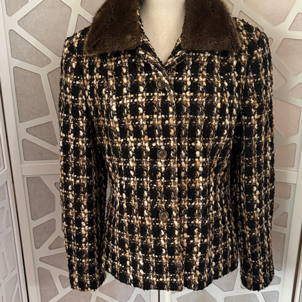 Talbots Black and Brown Checkered Blazer with Detachable Faux Fur Collar